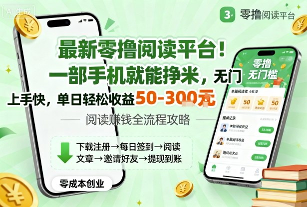 零成本手机自动阅读赚钱项目 无门槛易操作单日收益50至300元