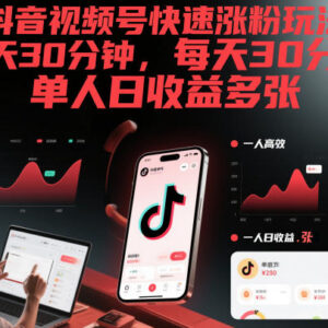 抖音视频号低门槛涨粉玩法 日均30分钟AI生成视频可多渠道变现-雨叶虚拟资源网