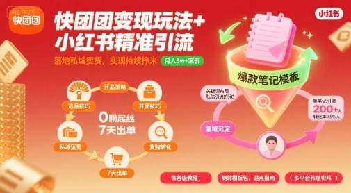快团团变现玩法+小红书精准引流技巧,助你真正落地私域卖货,实现持续挣米