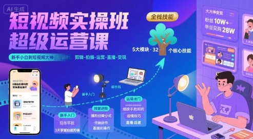 新手零基础短视频实操课 覆盖拍摄剪辑运营直播变现全流程