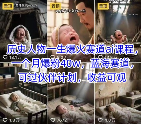 AI历史人物短视频运营教程 蓝海赛道月涨粉40万可开伙伴计划