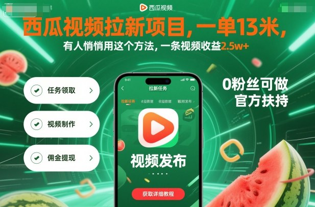 西瓜视频拉新项目操作指南 单用户奖励13元单条视频收益可达2.5万