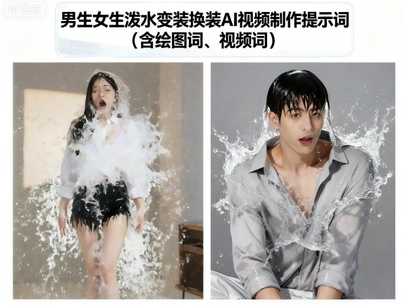 男女泼水变装AI视频制作指南 配套绘图及视频生成专用提示词