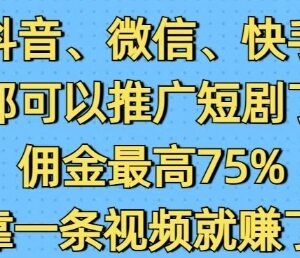 抖音微信快手均可做短剧推广 最高75%佣金单条视频可赚2万-雨叶虚拟资源网