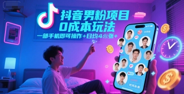抖音男粉项目0成本绿色玩法 一部手机可操作时间自由无门槛