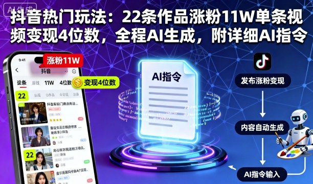 抖音AI内容热门玩法：22条作品涨粉11W单条变现4位数附AI指令