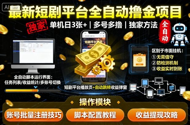 最新短剧平台全自动挂机撸金项目 无风控单机日入300+玩法揭秘