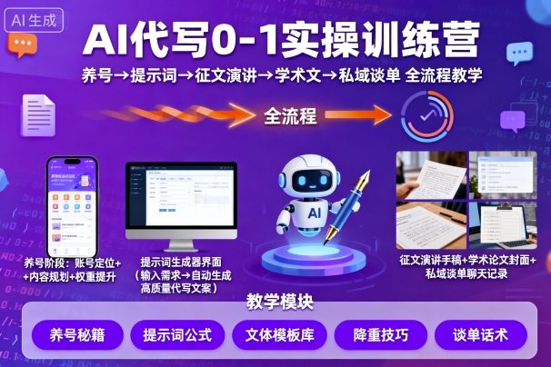 AI代写0-1实操训练营 从养号提示词到私域谈单全流程变现教学