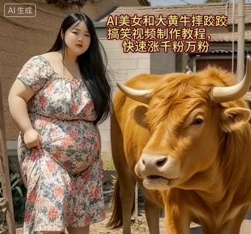 AI美女与大黄牛摔跤荒诞搞笑视频制作 账号快速涨粉实操教程