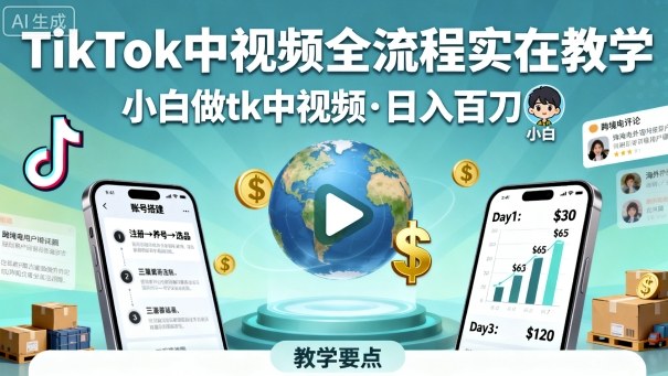 TikTok中视频全流程实操教学 小白入门运营变现方法指南