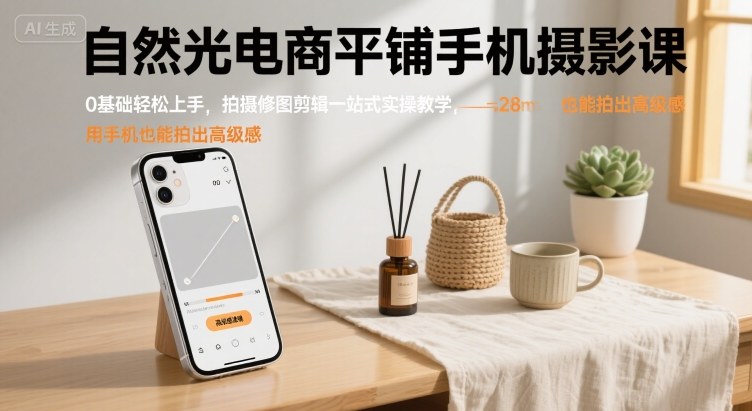 0基础可学自然光电商平铺手机摄影课 拍修剪一站式实操教学