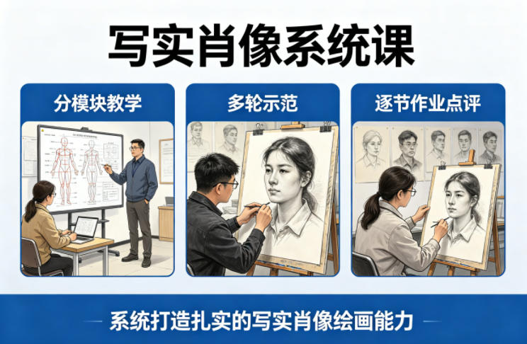 写实肖像系统绘画课程 分模块多轮示范逐节点评 夯实绘画功底