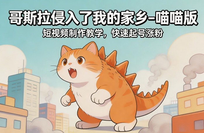 喵喵版哥斯拉入侵家乡短视频制作教学 新手快速起号涨粉教程