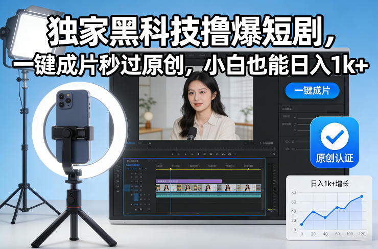 短剧一键成片秒过原创玩法 零基础小白可上手的创收项目