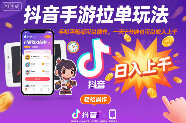 抖音手游拉单玩法实操教程 手机平板可操作低门槛副业指南