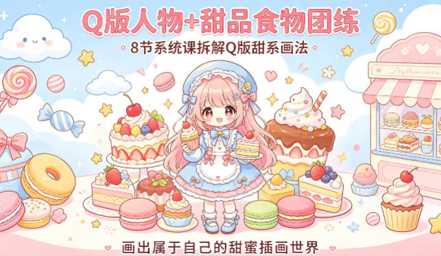 Q版甜系插画入门教程 8节系统团练课拆解人物与甜品画法