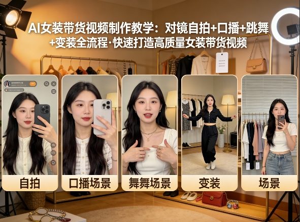 AI女装带货视频全流程制作教学 覆盖对镜自拍变装等多类型