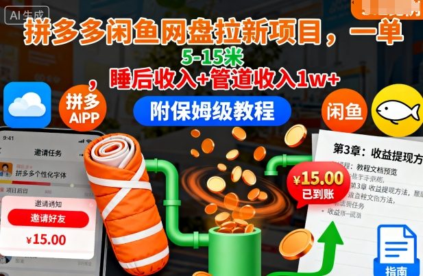 网盘拉新项目实操教程 拼多多闲鱼渠道单佣5-15元可获万元被动收益