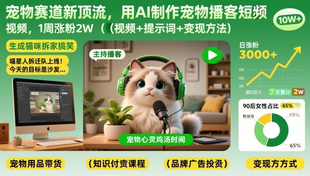 AI制作宠物播客短视频教程 零基础涨粉变现全流程分享