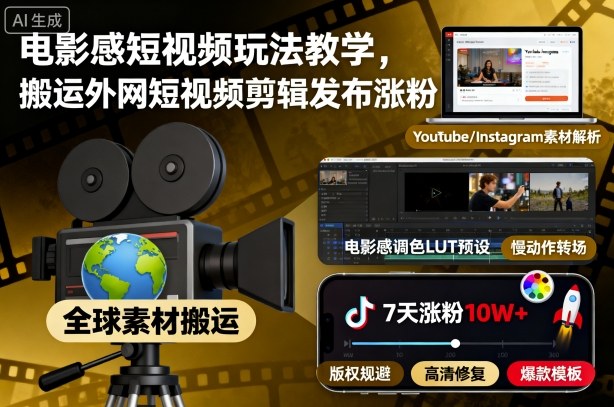 电影感短视频玩法教程 外网素材搬运剪辑发布涨粉实操教学