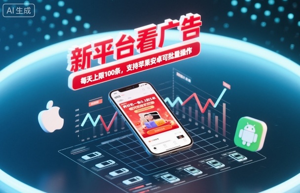 新平台看广告赚收益项目 单条0.3-5元每日限100条支持双端可批量操作