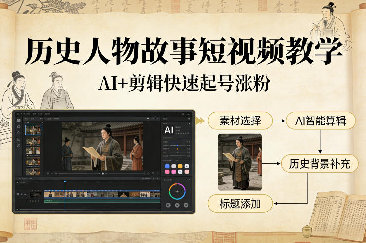 AI剪辑历史人物故事短视频教学 零基础快速起号涨粉攻略