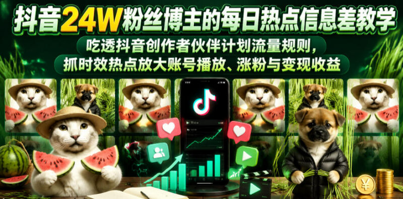 抖音24万粉博主实操教学 抓热点吃透创作者伙伴计划涨粉变现