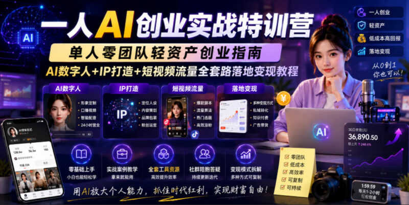 单人零团队AI创业实战指南 数字人IP打造短视频变现全攻略