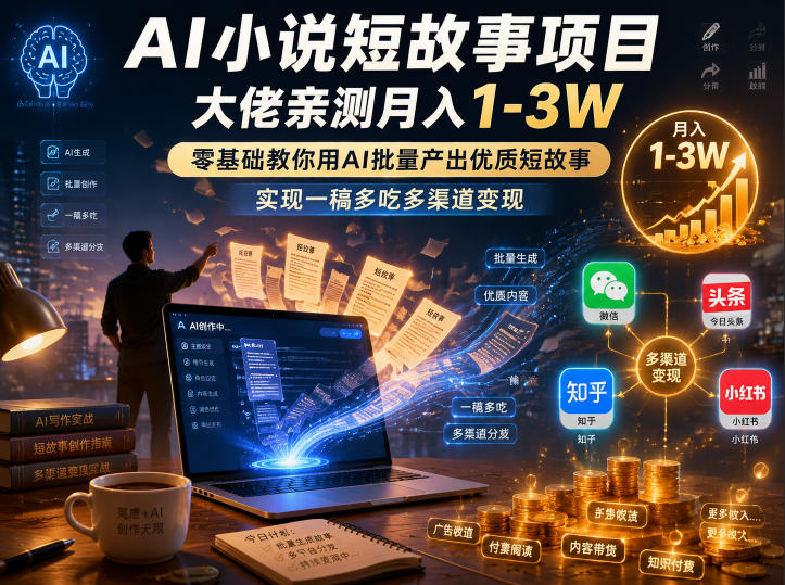 AI小说短故事项目实操教程 零基础批量产出内容多渠道变现