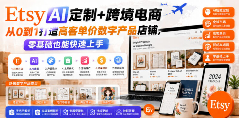 Etsy AI定制跨境电商教程 零基础打造高客单价数字产品店铺