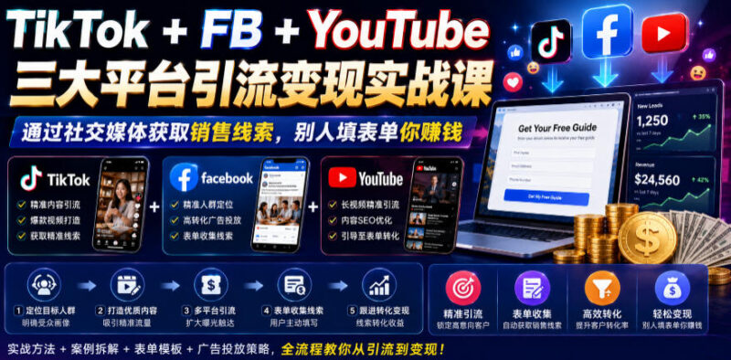 TikTok、FB、YouTube三大平台引流获客 CPA表单变现实战课程