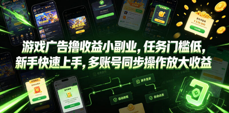 游戏广告撸收益轻副业指南 新手易上手可多账号操作放大收益