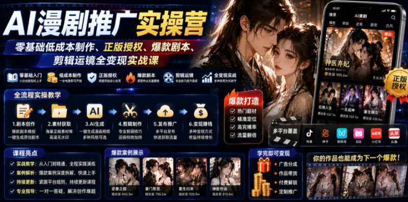 AI漫剧推广实操营 零基础低成本正版授权全流程变现实战课