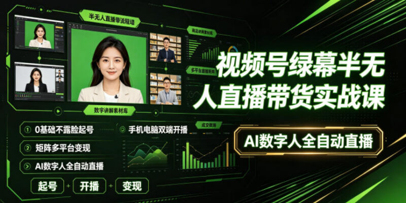 视频号绿幕半无人直播带货教程 0基础不露脸AI数字人多平台变现玩法