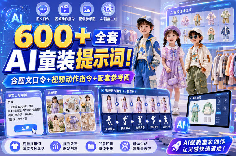 600+全套AI童装提示词 含图文口令视频指令 适配童装电商种草运营