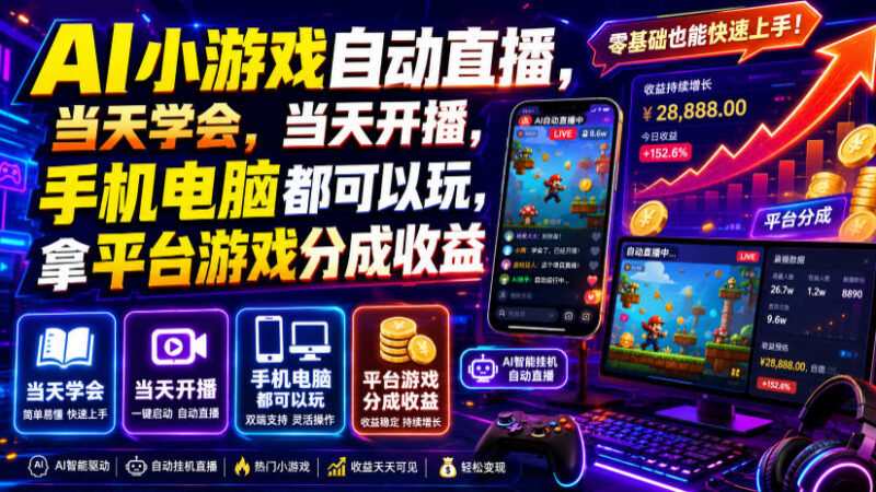 AI小游戏自动直播运营攻略 当天可开播手机电脑均可拿平台游戏分成