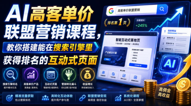 AI高客单价联盟营销课程 教你搭建获搜索排名互动页赚取高佣金