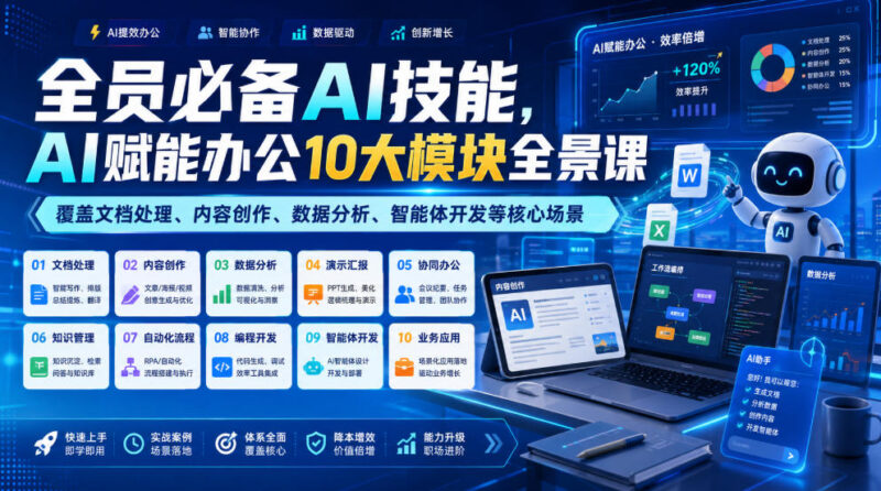 AI办公10大模块全景课程 覆盖文档创作数据分析等核心场景