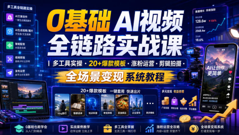 0基础AI短视频全链路实战课 多工具实操涨粉运营变现系统教程