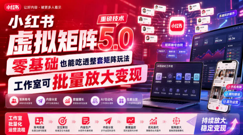 小红书虚拟矩阵5.0全套玩法教程 零基础可学可批量放大变现