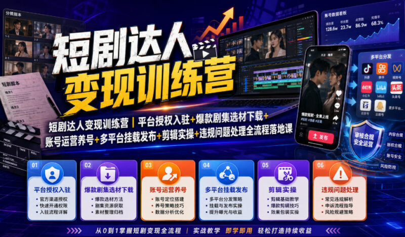 短剧达人变现训练营 零基础学授权入驻运营剪辑全流程教学