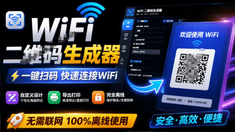 完全离线免费WiFi二维码生成器 一键生成可自定义风格支持导出