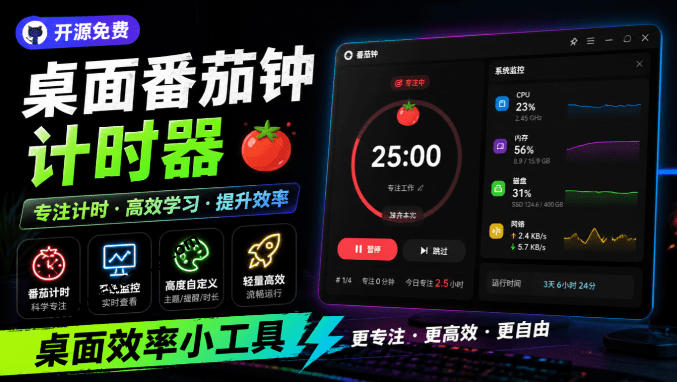 体积仅1.16MB的开源桌面工具Catime 兼具时钟番茄钟系统监控功能