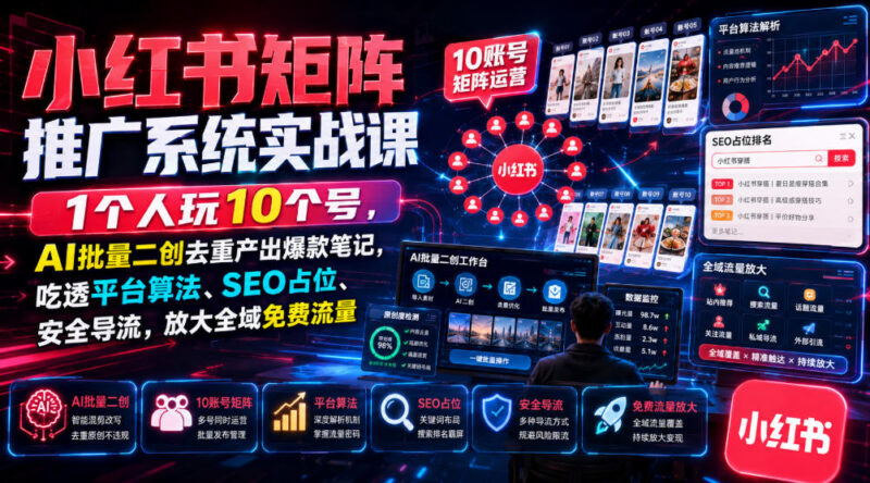 小红书矩阵运营实战课：单人控10号 AI批量二创 吃透算法SEO导流技巧