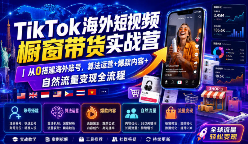 TikTok海外短视频橱窗带货实战教程 从0搭建账号全流程运营方法