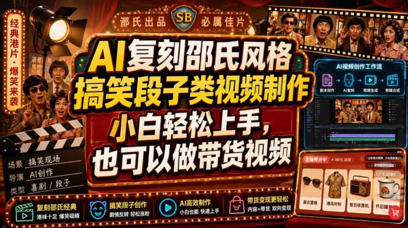 AI制作邵氏风格搞笑段子视频教程 小白易上手可适配带货场景