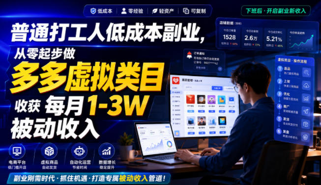 普通打工人低成本副业教程 拼多多虚拟类目从零起步赚被动收入