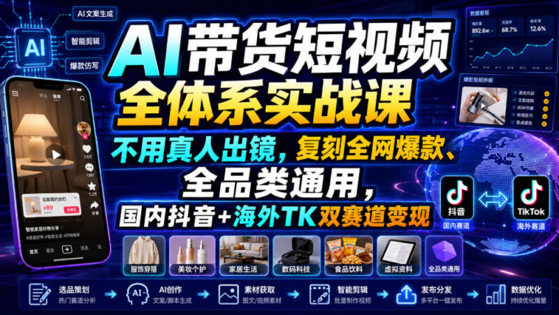 AI带货短视频全体系实战课 免真人出镜适配抖音TikTok双赛道变现