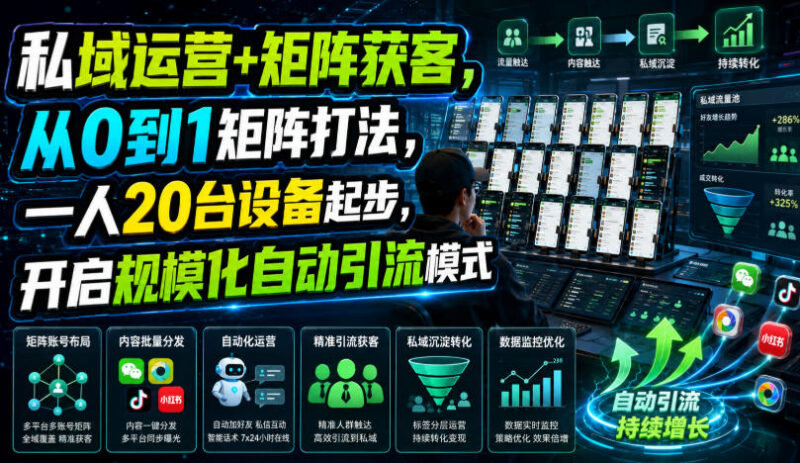私域运营+矩阵获客从0到1实操教程 单人20台设备开启规模化自动引流