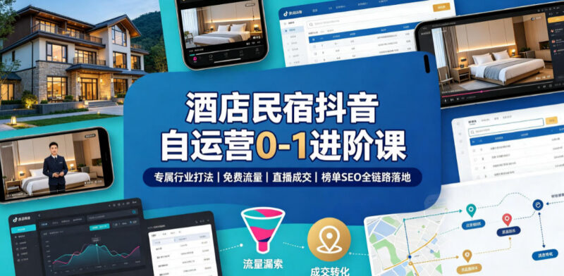 酒店民宿抖音自运营0-1进阶课 流量直播成交榜单SEO全链路教学